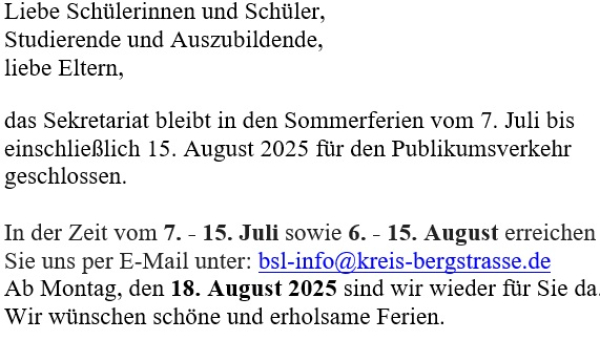 Öffnungszeiten des Sekretariats während der Sommerferien